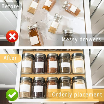 WodGod Bamboo Spice Rack For Drawer,4Pcs Tier Stackable Seasoning Storage Organizer Insert,for Kitchen Condiments Storage Insert(Jars Not Included,Combined Size:18.9" D x 9.5" W x 1.8" H