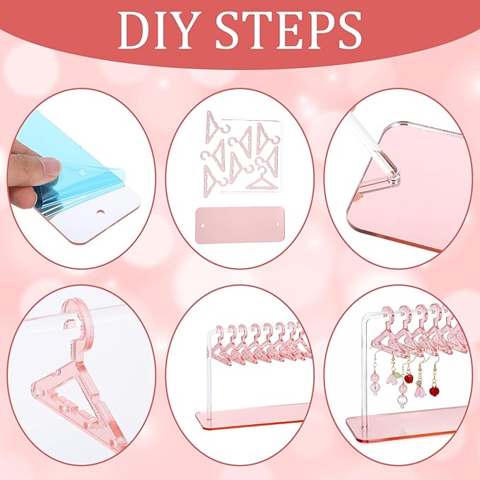 Acrylic Earring Holder, 6 × 4.6 Inch Coat Hanger Stud Earring Organizer Small Fun Jewelry Display for Home Earrings Storage Retail Show Marketing (Pink)