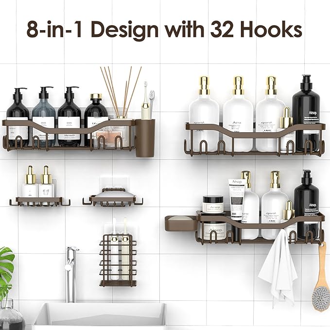 NESOMI Shower Caddy Adhesive Shower Organizer 8-Pack, Rustproof Stainless Steel Bathroom Shelves, Large Capacity No-Drill Rack Storage Accessories with Soap Dish Toothbrush Holder Hooks