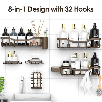 NESOMI Shower Caddy Adhesive Shower Organizer 8-Pack, Rustproof Stainless Steel Bathroom Shelves, Large Capacity No-Drill Rack Storage Accessories with Soap Dish Toothbrush Holder Hooks