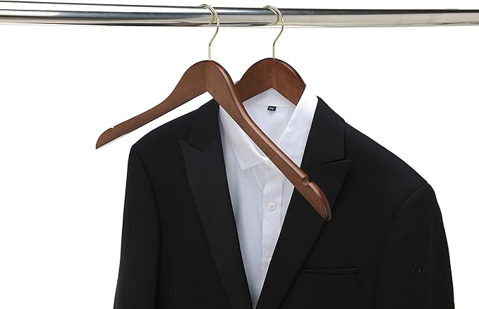 Quality Semi Curved Wooden Suit Hangers, 10-Pack Smooth Finish Solid Wood Coat Hanger with Swivel Hook, Jacket, Pant, Dress Clothes Hangers (Walnut - Gold Hook, 10)