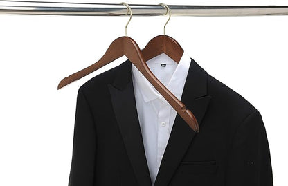 Quality Semi Curved Wooden Suit Hangers, 10-Pack Smooth Finish Solid Wood Coat Hanger with Swivel Hook, Jacket, Pant, Dress Clothes Hangers (Walnut - Gold Hook, 10)