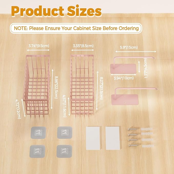 4 Pack Adhesive Cabinet Door Organizer - Tumbler Lid Organizer & Kitchen Storage baskets for Kitchen, Bathroom, Inside Cabinet Door Storage for Cup Lids, Spices, Small Supplies, Space-Saving (Pink)