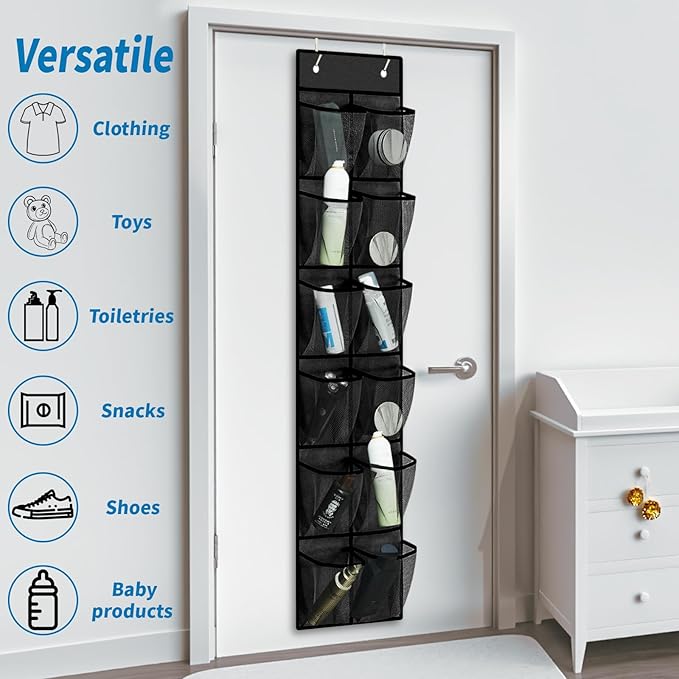 MSLOVE Narrow Over The Door Shoe Organizer, 12 Large Mesh Pockets Hanging Shoe Organizer for Closet Organizers and Storage, Black, 2 Pack