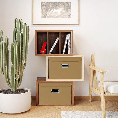 STOREONE Fabric Storage Cube Bins Foldable Organizer Container Collapsible Basket with Lids and Metal Handles, for Home, Bedroom, Closet 3 Pcs (Khaki)