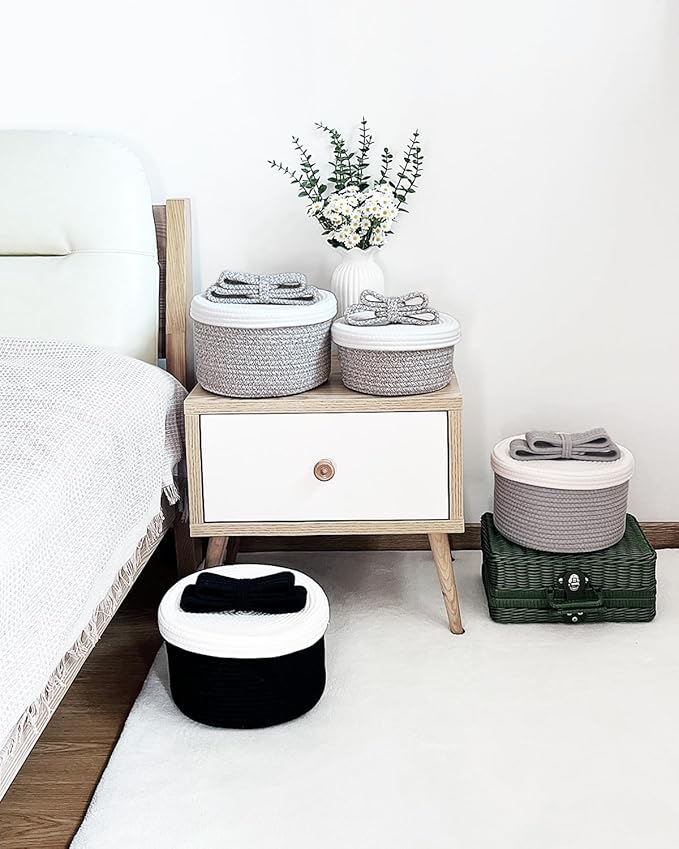 Decorative Storage Baskets with Lids, Small Woven Rope Basket with Lid, Decorative Basket for Home Decor, Dog Toy Storage Baskets with Cute Bow Handle, Black