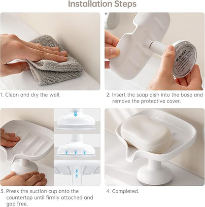 PAVSTINE Self-Draining Soap Dish with Suction Cup, Stand Bar Soap Holder, No Drill Removable Sponge Tray for Shower, Bathroom, Kitchen Sink, Easy to Clean & Keeps Dry, White
