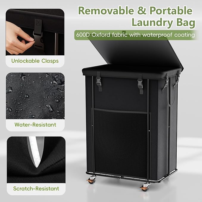 220L Laundry Hamper with Lid, Rolling Laundry Basket with Wheels, Large & Tall Dirty Clothes Hamper with Metal Frame and Removable Bag for Bedroom Aesthetic, Laundry Room, Bathroom, Dorm