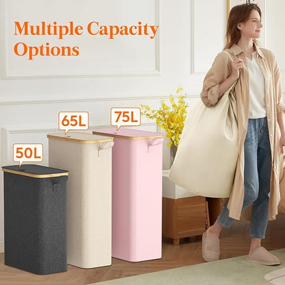 Lifewit 65L Slim Laundry Hamper with Lid, Narrow Laundry Basket with Removable Bag & Bamboo Handles, Fodable Thin Dirty Clothes Hamper for Laundry Collapsible Bin for Bathroom Bedroom Dorm, Pink