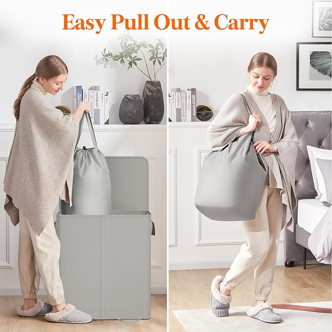 Lifewit Double Laundry Hamper with Lid and Removable Laundry Bags, Large Collapsible 2 Dividers Dirty Clothes Basket with Handles for Bedroom Laundry Room Closet Bathroom College, 155L Silver Gray