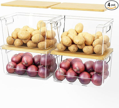 4 Set Pantry Organizer and Stackable Storage Kitchen,Sturdy and Durable Storage Basket for Potato, Onion, Garlic, Fruit, Vegetable, Produce, Clear Plastic Storage with Lid&Handle