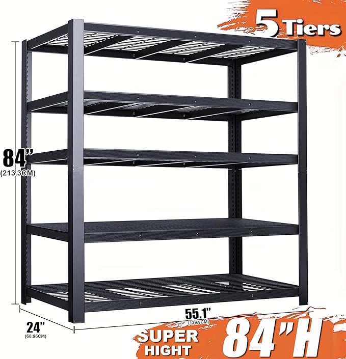 84" H Garage Shelving Heavy Duty, Garage Storage Shelves Heavy Duty, 5-Tier Metal Shelving Units and Storage Racks, Industrial Utility Shelf