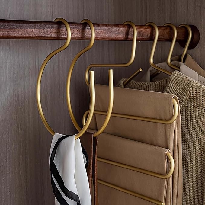 6Pcs Scarf Ring Hangers Gold, Belt Ring Hook Tie Rack Holders Closet Hanger Organizer Multi-Purpose S-Shaped Circle Storage Hook for Ties Scarves Baseball Cap Wardrobe Accessory Storage