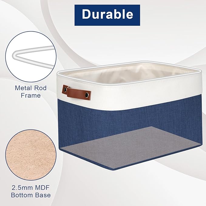 Bagnizer Storage Bins Large Fabric Storage Baskets for Shelves 3 Pack, Decorative Linen Closet Baskets with Handles for Organizing, Shelf, Clothes, Home, Office, 15x11x9.5Inches (NavyBlue&White)