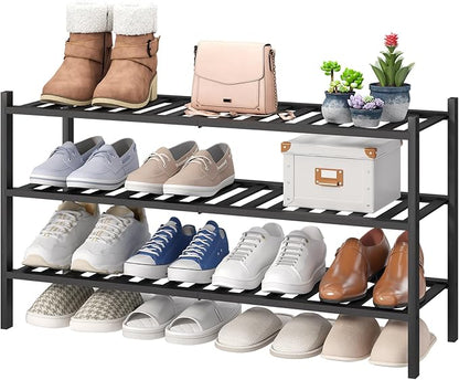 viewcare 3-Tier Long Black Shoe Rack, Bamboo Wood Shoe Rack for Closet, Entryway & Hallway, Stackable | Functional | Sturdy