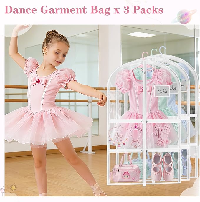 3 Pack Clear Dance Garment Bags for Dancers, 40" Waterproof Dustproof Dance Costume Bags for Hanging Clothes with 5 Large Zipper Pockets for Dance Competition, Suitable for Dress, Uniform