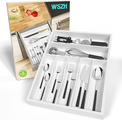 Utensil Organizer Silverware Drawer Organizer - 7 Slots Bamboo Cutlery Organizer Multi-Purpose Silverware Divider for Kitchen Flatware, Hair Accessories, Repair Tools, Art Set W13”x L17” (White)