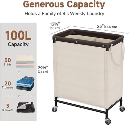 StorageWorks 2 Section Laundry Hamper, Rolling Laundry Cart with Wheels and Handles, Laundry Room Double Sorter for Organizer and Storage, 26.4 Gal(100L), Beige