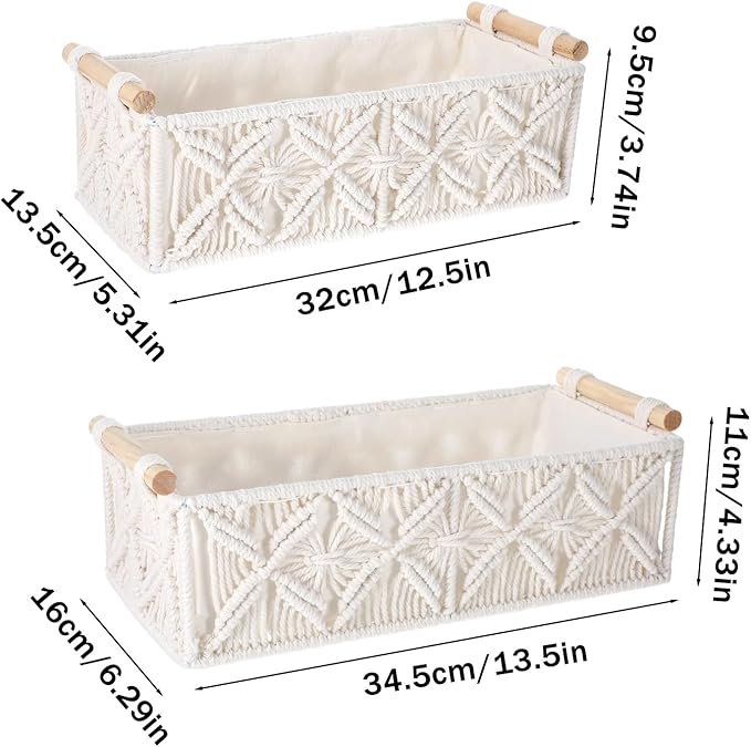 Kifmurase Macrame Storage Baskets 2PCS, Boho Woven Decorative Basket for Organizing with Handle, Countertop Toilet Paper Storage Container for Tank Bedroom Nursery Livingroom Entryway(White)