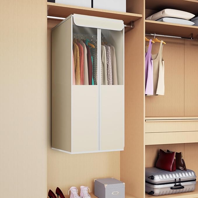 Univivi Garment Bags for Hanging Clothes, 2 Pack Large Clothes Storage Bags Closet Organizer with Clear Window, Premium Hanging Garment Storage Bag for Suits, Coats, Dresses, 40" (Beige)