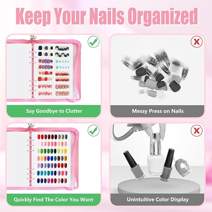DHATMYC Press On Nail Storage Organizer Binder with 8 Insert Pages - A5 Size Reusable Fake Nail Swatch Star Collecting Book Polish Color Display Holder Container with Tape and Zipper Pocket (PINK)