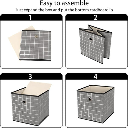 Foldable Storage Cubes Bins,11 Inch Cloth Storage Cube Fabric Storage Box Cubes Organizer Baskets with Dual Handles for Home Organizer Set of 3 (Grey grid)