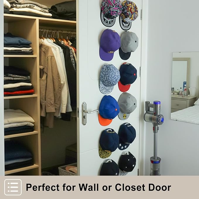 Adhesive Hat Hooks for Wall (12-Pack), No-Drilling Hat Hanger for Wall Baseball Cap Rack Organizer, Hats Holder on Closet Door Storage & Display
