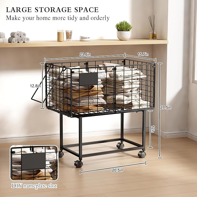 CICUFY Rolling Laundry Cart, 80L Wire Laundry Hamper Basket on Wheels, Dirty Clothes Basket with Handle, Metal Clothes Hamper Organizer for Laundry Room, Bathroom, Bedroom, Dorm, Black