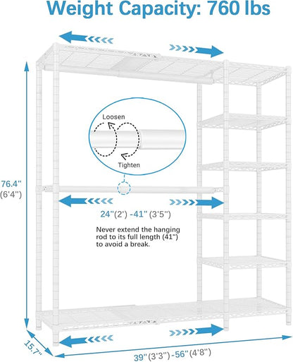 VIPEK X2 Expandable Reach-in Closet Racks Adjustable from 3'3" to 4'8" Portable Open Walk-in Closet Rack System with Flexible Shelves and Hanger Rods Clothing Rack for Hanging Clothes, White