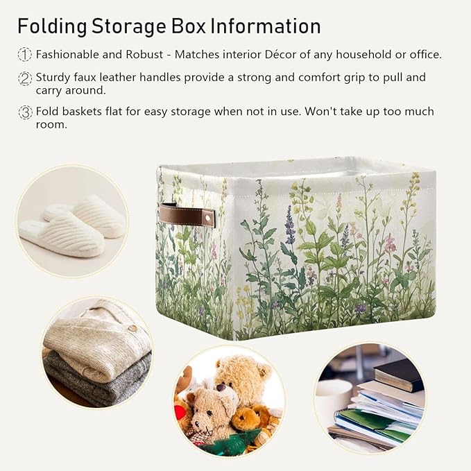 Spring Herbs Storage Basket Decorative Summer Fabric Baskets Bins Foldable Shelf Closet Baskets Storage Box Cube With Handle Organizer Basket For Kids Toys Clothes Bedroom Nursery