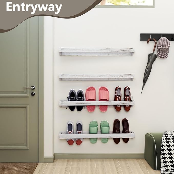 Nisorpa 30 Inch Shabby White Washed Wood Hanging Shoe Rack, Wall Mounted Shoe Rack Storage Organizer Space Saving Footwear Holder for Closet, Mudroom, Entryway, Holds 12 Pairs, Set of 4