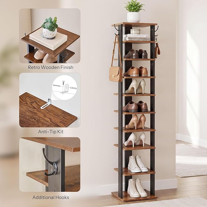 HOOBRO 10 Tiers Vertical Shoe Rack, Wooden Shoe Storage Organizer with Hooks, Narrow Shoe Tower for 10 Pairs, Space Saving, for Entryway, Living Room, Bedroom, Rustic Brown BF141XJ01