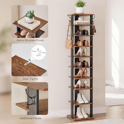 HOOBRO 10 Tiers Vertical Shoe Rack, Wooden Shoe Storage Organizer with Hooks, Narrow Shoe Tower for 10 Pairs, Space Saving, for Entryway, Living Room, Bedroom, Rustic Brown BF141XJ01