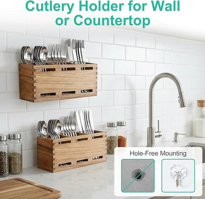 Farmhouse Wooden Silverware Utensil Caddy Cutlery Holder Small Acacia Wood Utensil Holders Organizer for Kitchen Count Party Fork Spoon Storage Organizer Table Silverware Holder Flatware Caddy Basket