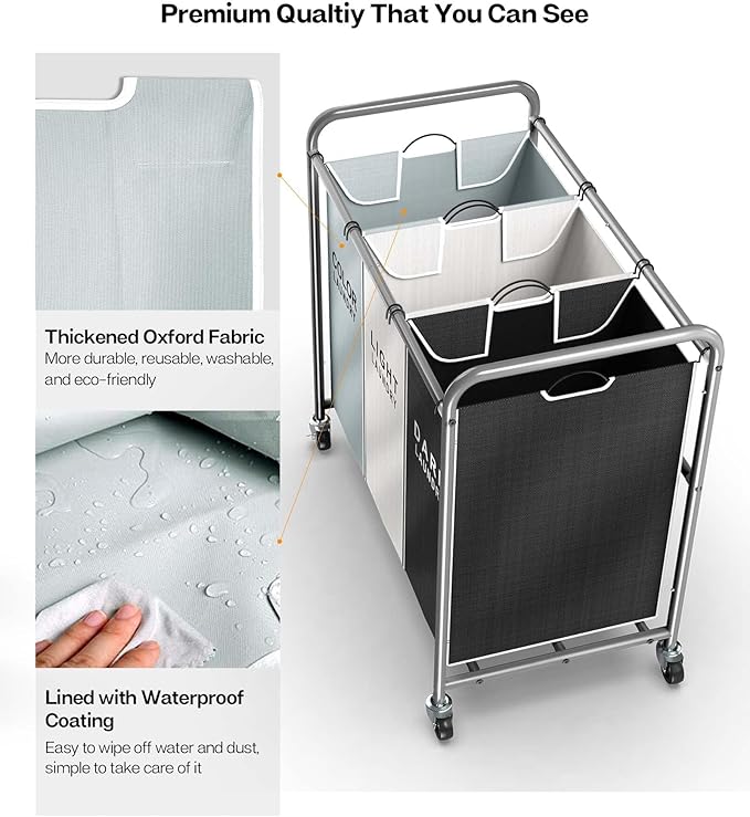 ROMOON Laundry Sorter Hamper 3 Section, Divided Laundry Basket Organizer with Heavy Duty Lockable Wheels and Removable Bags, Rolling Clothes Hamper for Apartment, Dorm & Family (135L Multicolor)
