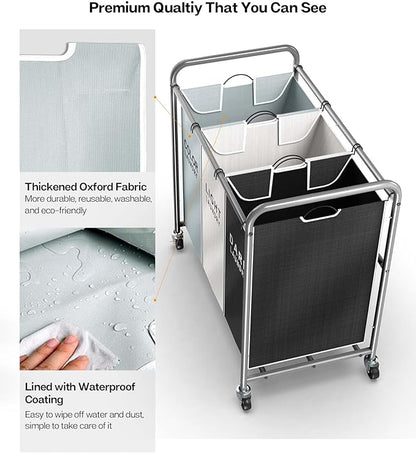 ROMOON Laundry Sorter Hamper 3 Section, Divided Laundry Basket Organizer with Heavy Duty Lockable Wheels and Removable Bags, Rolling Clothes Hamper for Apartment, Dorm & Family (135L Multicolor)