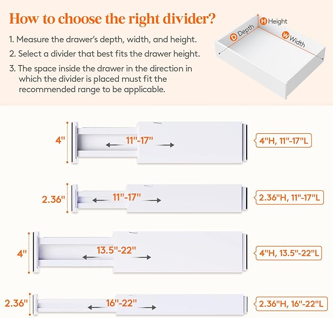 Lifewit 12 Pack 4" High Drawer Dividers 34-56cm/13.5-22" Adjustable Drawer Organizer for Clothes/Utensils, Expandable Drawer Separator in Dresser/Kitchen/Bedroom/Office Organization & Storage White