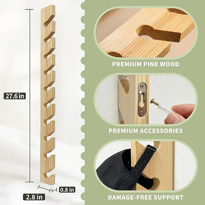 2 Pack Solid Pine Wood Hat Rack for Wall - Heavy Duty Wall Mounted Organizer Holds 20 Baseball Caps, Secure Screw Installation, 10-Slot Vertical Display for Closet, Bedroom, Entryway & Laundry Room