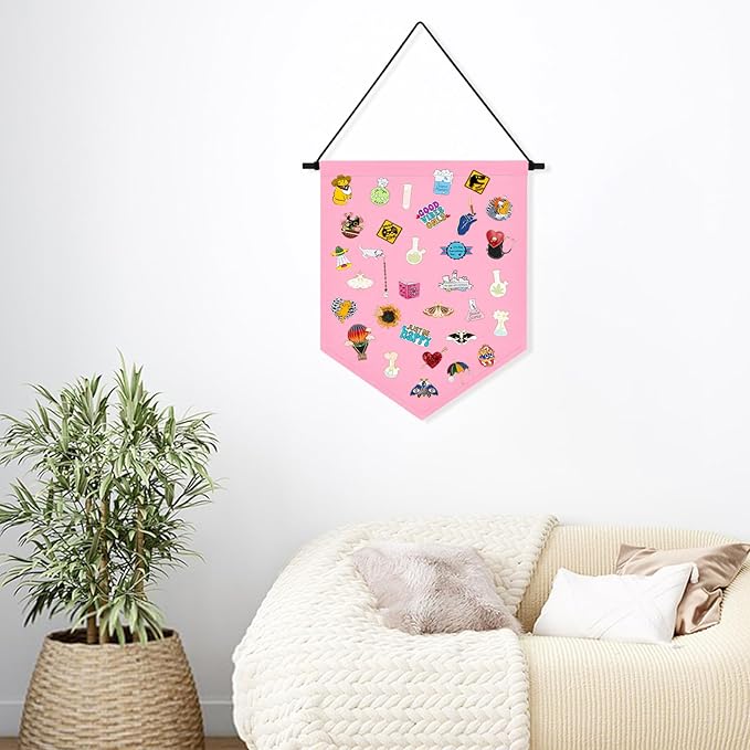 Wall Hanging Brooch Organizer Storage Board Colorful Enamel Pin Badge Canvas Display Banner Earrings Case Collection Holder 12.6x10in(Not Include Any Accessories) (Pink)