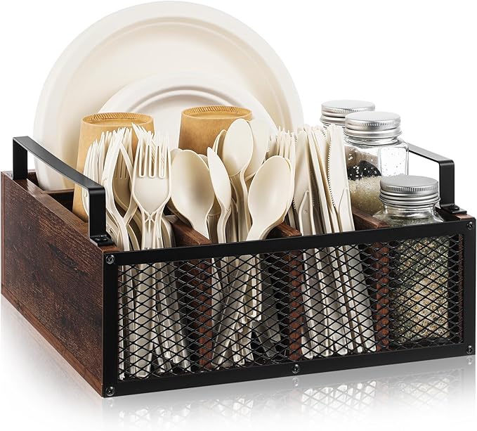 Mimorou Wooden Napkin Paper Plate and Utensil Holder Caddy for Party Kitchen Counter Cutlery Flatware Organizer for Utensil Caddy Cups Spoon Forks Napkins, Kitchen Accessories(Dark Wood Color)