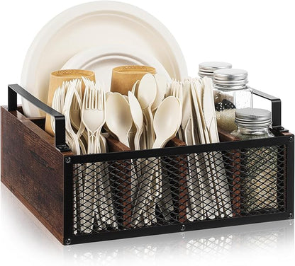 Mimorou Wooden Napkin Paper Plate and Utensil Holder Caddy for Party Kitchen Counter Cutlery Flatware Organizer for Utensil Caddy Cups Spoon Forks Napkins, Kitchen Accessories(Dark Wood Color)