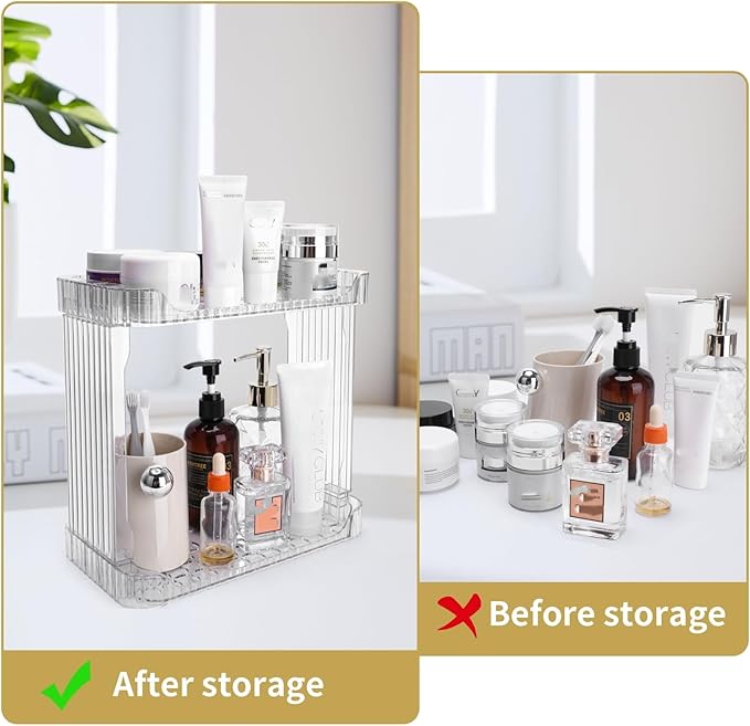 Ayswupt Acrylic 2 Tier Bathroom Counter Organizer,Makeup Organizer for Vanity,Clear Organizer Shelf for Kitchen Sink Countertop Storage,Perfume Tray for Dresser,Decor Tray for Skincare Cosmetics