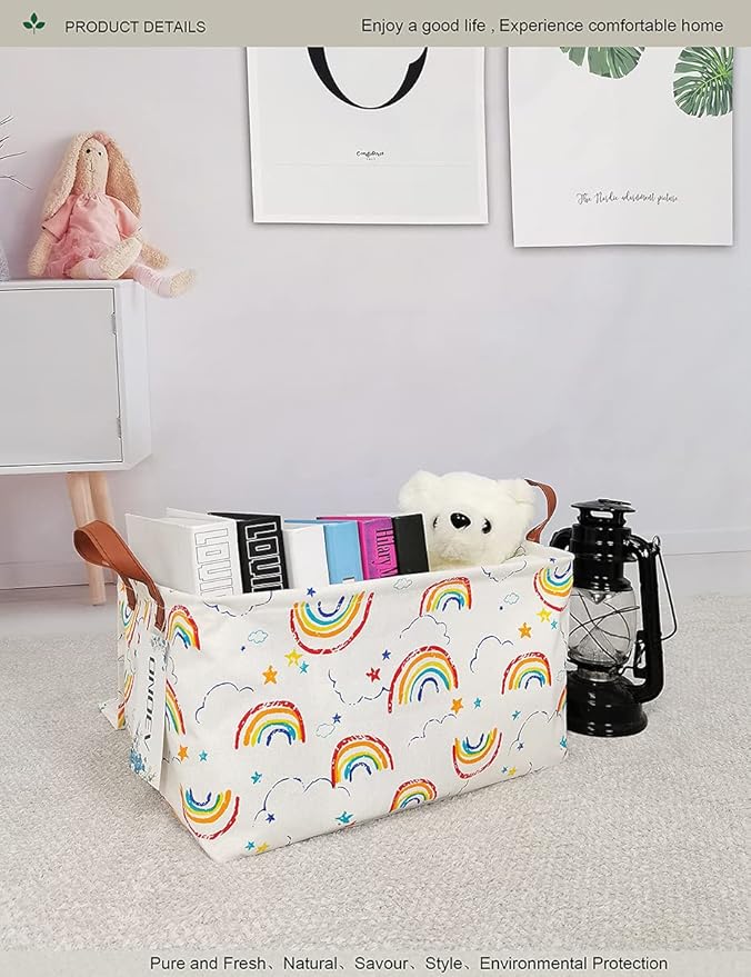 Rectangular Rainbow Storage Basket for Kids,Collapsible Fabric Toy Storage Bin with lid,Cute Cloud Star Pattern Organizer for Children's Room,Nursery,Playroom,Closet (Rainbow with lid)