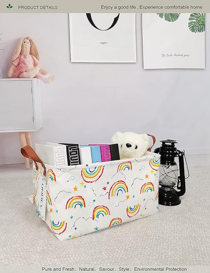 Rectangular Rainbow Storage Basket for Kids,Collapsible Fabric Toy Storage Bin with lid,Cute Cloud Star Pattern Organizer for Children's Room,Nursery,Playroom,Closet (Rainbow with lid)