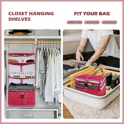Surblue Hanging 3-Shelf Closet Organizer Pocket Collapsible Washable Oxford Fabric with 2 Hooks (L 11.41 * 11.41 * 19.68in, Rose)