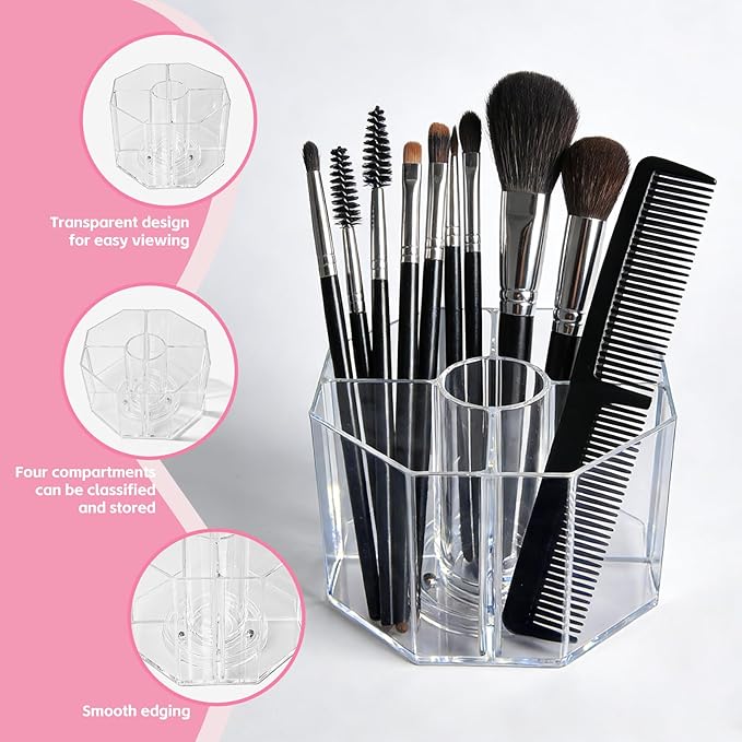 Acrylic Makeup Brush Holder, 360°Rotating Makeup Brush Organizer with 5 Grids, Clear Makeup Holder for Courtup, Bathroom Vanity Desktop Organizer (Rhombus)
