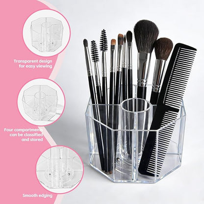 Acrylic Makeup Brush Holder, 360°Rotating Makeup Brush Organizer with 5 Grids, Clear Makeup Holder for Courtup, Bathroom Vanity Desktop Organizer (Rhombus)