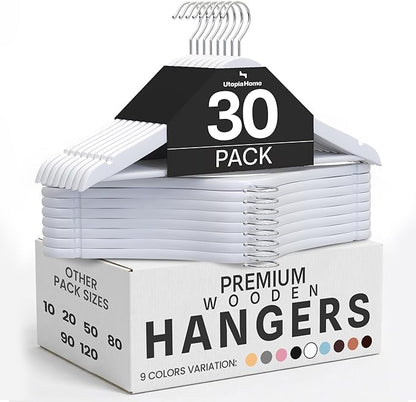 Utopia Home Premium Wooden Hangers 30 Pack - Durable & Slim Coat Hanger - Suit Hangers with 360-Degree Rotatable Hook - Wood Hangers with Shoulder Grooves (White Color)
