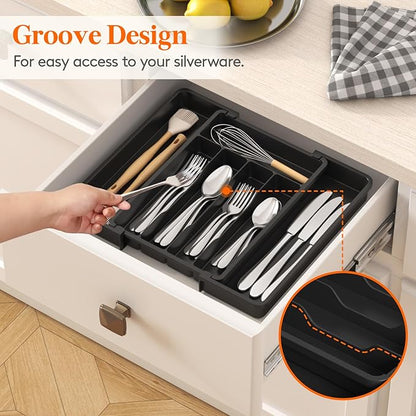 Lifewit Expandable Silverware Organizer, Plastic Utensil Tray for Kitchen Drawer, BPA Free Flatware Cutlery Holder, Space-Saving Storage for Spoons Forks Knives, 8.5-14 x 12 x 1.5 inch, Black