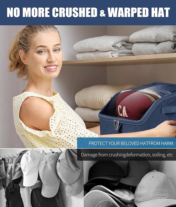 Livelab Hat Organizer for Baseball Caps, Hat Storage Holder Container for Closet Hold Hats with Clear Window, Hat Boxes for Home Storage | 2Pcs Blue
